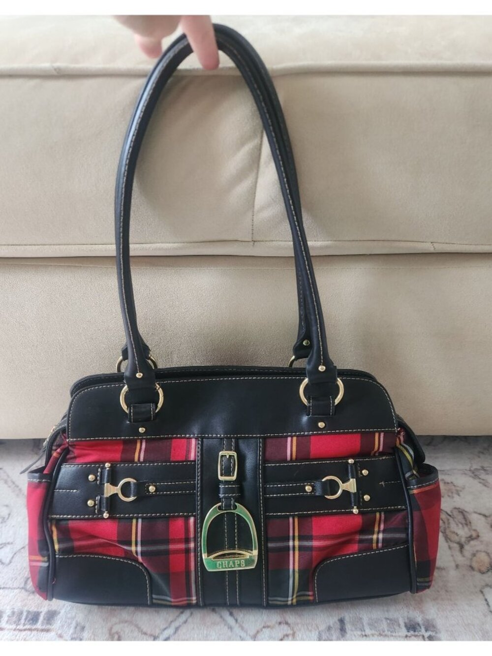 Chaps/Ralph Lauren Equestrian Buffalo Plaid Shoulder Bag W/ Gold Stirrup Buckle